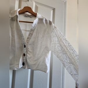 Zara White Embroidered Button-Up Cropped Eyelet Shirt